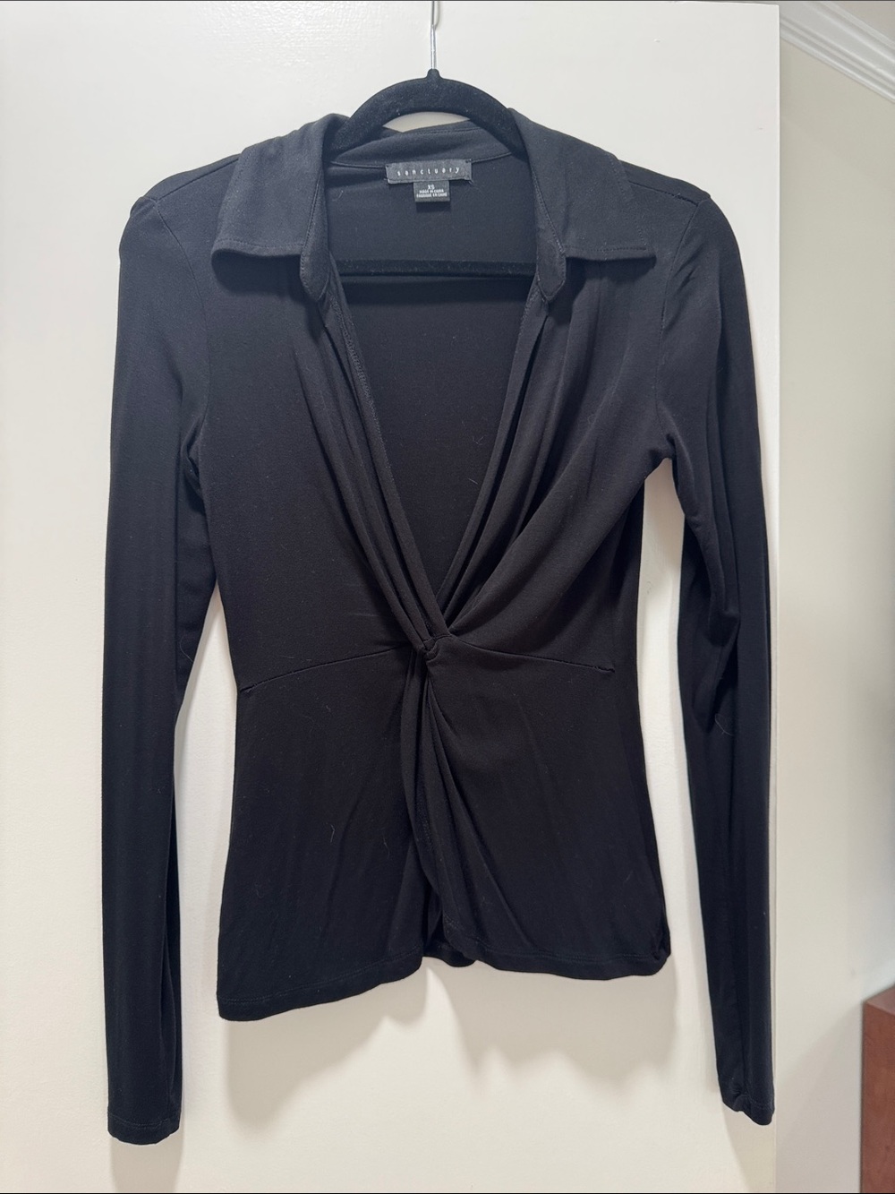 Sanctuary Black Twist-Front Collared Long Sleeve Top